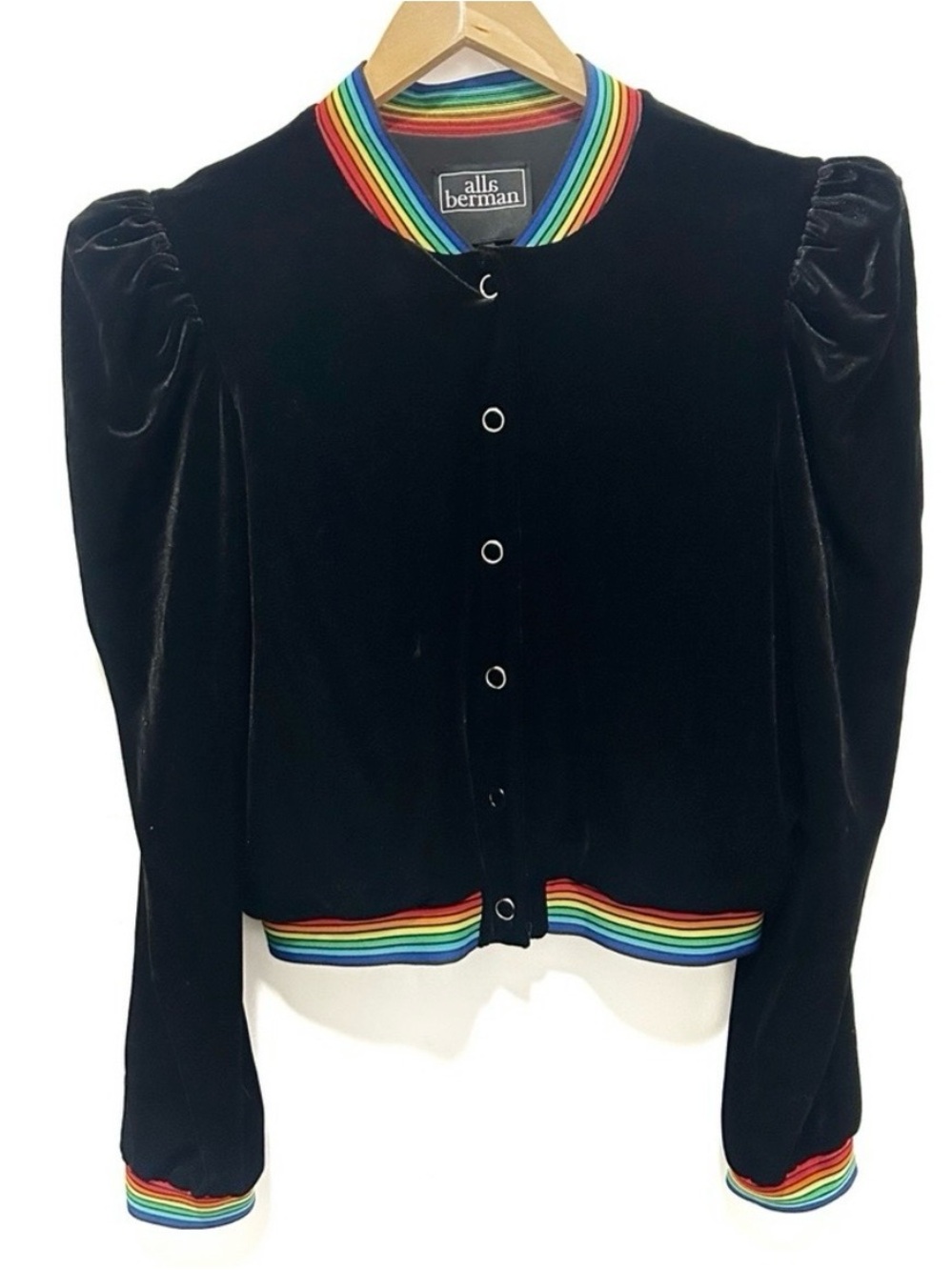 Alla Berman Black Velvet Rainbow Trim Puff Sleeve Bomber Jacket Size M